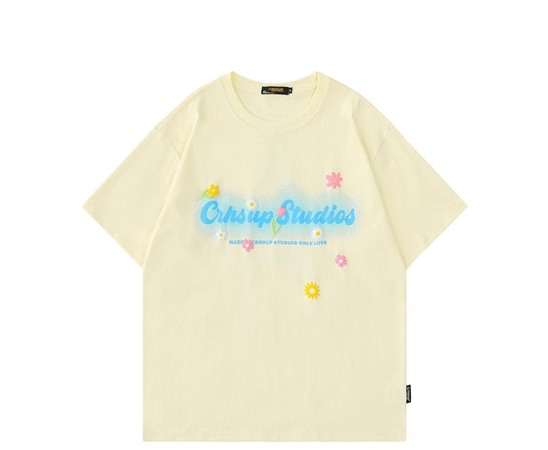 insドーパミン夏の半袖Tシャツカラフルな星の落書きchic港風男女カップルトレンドカードラウンドネック半袖番号ZT371