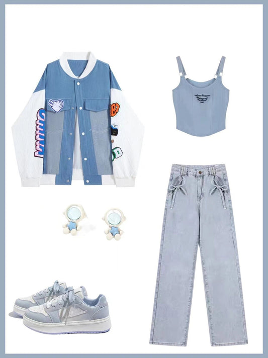 ヴィンテージ刺繍切り替え野球服コートメンズアメリカ風ストリートゆったりコーディネート自在のカップルジャケット リボンジーンズ女夏ハイウエストストレートパンツオシャレ番号ZT405