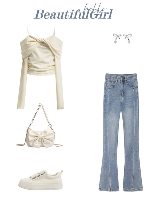 ショートタイプ肩出しTシャツ女性2023秋新作高級感のあるコーディネート長袖Tシャツショートタイプ絶品ユニークな上着 スリットマイクロフレアタイプコーディネート自在ジーンズ夏女ハイウエストシェイプパンツ番号ZT411