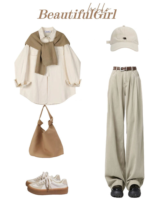 ヴィンテージchicコートストール2023新作シャツ カーキ色ハイウエストジーンズ女2023夏韓国風ドレープゆったり脚痩せコーディネート自在のスリッパパンツ番号ZT412