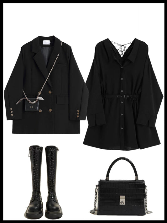 テーラードジャケット女2023新作ゆったりとしたカジュアルな雰囲気のお客様向けスーツ ブラック長袖ウエストシェイプVネック秋カジュアルブラックスカートシャツワンピーススカート番号ZT420