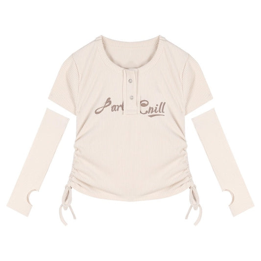 ギャル正肩ニット半袖Tシャツ女性夏2023新作ショートタイプ小さいサイズの紐を引いておへそを出してセクシーな上着番号ZT423