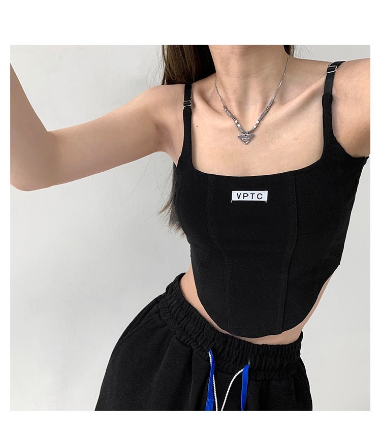 ヒップホッププリントスポーツゆったりカジュアル袖なしTシャツ アメリカ復古魚骨キャミソール超ショートウエストギャル上着番号ZT100