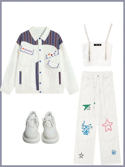 切替ジャケット男女ストリートカップルゆったりカーゴジャケット おもしろ柄プリントベルト使いウォッシュデニムストレートワイドパンツ番号ZT432