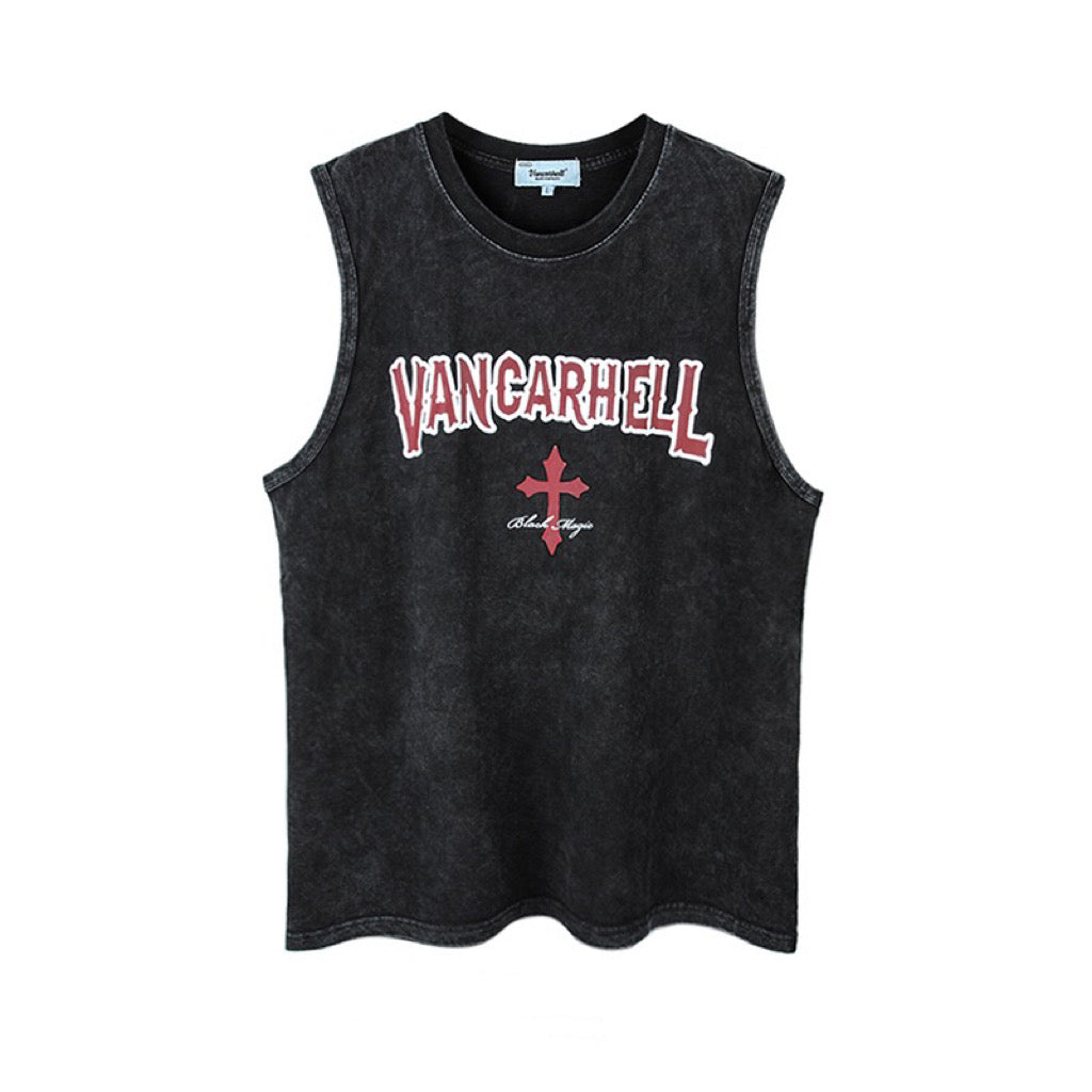 アメリカンハイストリート着古しウォッシュ加工ノースリーブTシャツ バックボーンの王者が来ましたNタイプ着方運動感非対称ギャルタンクトップ番号ZT105