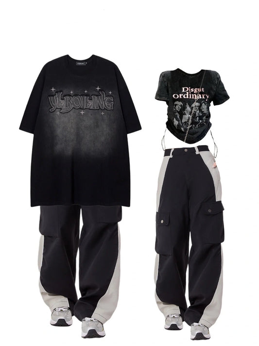 夏のグラデーションプリント刺繍半袖Tシャツカジュアルでコーディネート自在OVERSIZE hiphopワイドレッグアメリカンスウェットパンツ番号ZT118