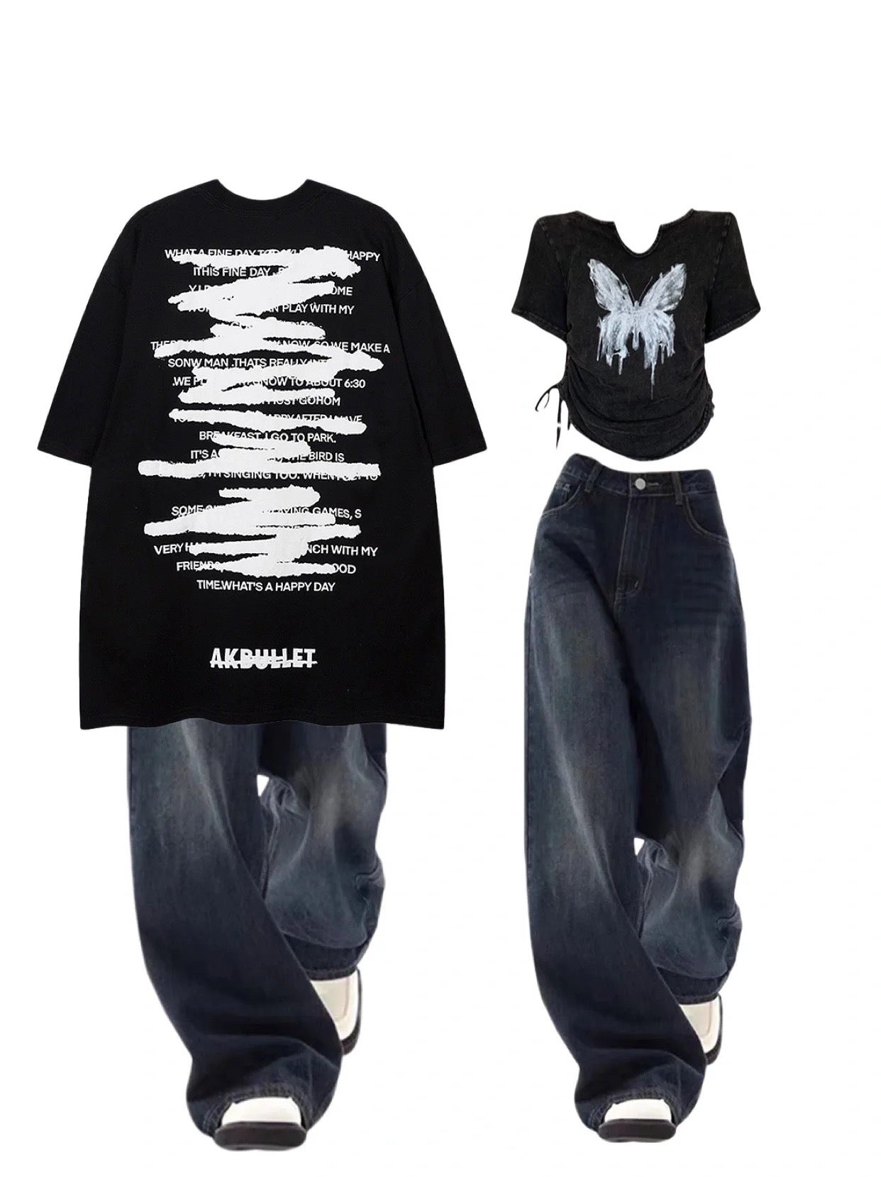 ディープブルーデニムハイウエストストレートスラグパンツ アメリカンヴィンテージウォッシュ半袖Tシャツ新作アンティーク調ブラックスリム紐半開き襟シャツ夏新作小衆デザインoversize半袖Tシャツ番号ZT123