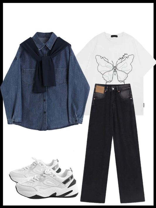 デニムシャツにヴィンテージシャツショール2枚組/アメリカストリートファッションブランド個性的な蝶刺繍半袖Tシャツカップルデザイン感insゆったりタイプ半袖シャツ/ストレートにゆったりとした細見せのグラデーションデニムパンツ番号ZT341