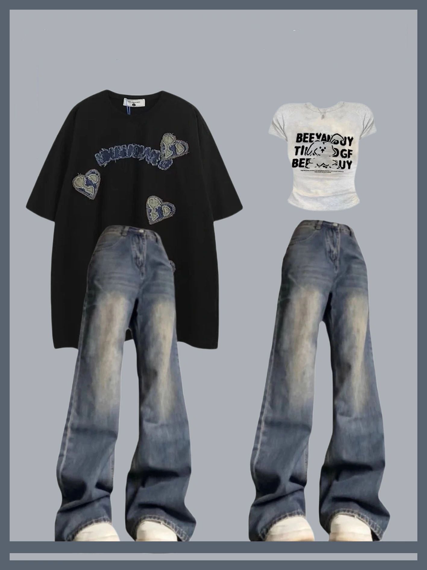 アメリカンヴィンテージデニムフィット半袖Tシャツ夏服ブランドゆったり怠けカップルtee/正肩半袖Tシャツ女性夏寒色系スリム着痩せデザイン高級感あるミニショートトップス/アメリカ式ハイストリートinsトレンドマイクロパンツ2023新作春秋ウォッシュ復古ゆったりストレートワイドパンツ番号ZT351