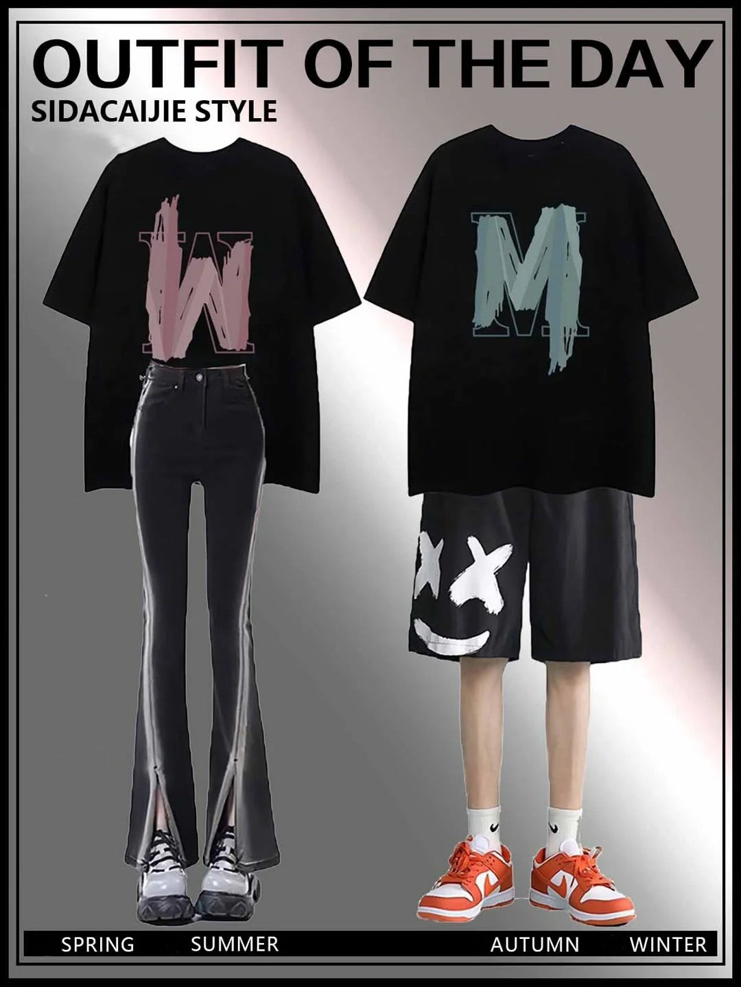 カップル服夏服シーズン2023高級半袖Tシャツ新作ins人気トレンドブランド純綿ゆったり ブラックグラデーションマイクロフレアパンツ 笑顔カジュアルパンツメンズ夏薄ゆったり5分丈パンツバスケットパンツ番号ZT44