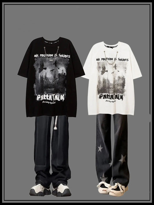 夏アメリカ風ストリートブラックカラスプリント半袖Tシャツbfゆったりoversize個性的な上着/ブラックスタージーンズレディーアメリカンヴィンテージミニパンツハイウエスト着痩せストレートゆったり薄手ワイドパンツ番号ZT462