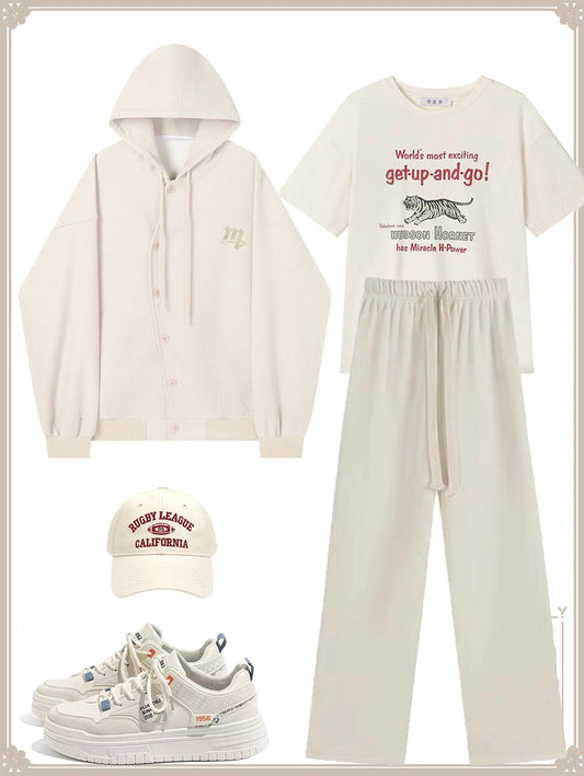 パーカコートレディースカジュアル風ゆったり着痩せコーディネート自在無地スクール復古/カジュアルコーディネート自在アメリカンヴィンテージ半袖ホワイトTシャツ女性夏新作ゆったり着痩せプリント上着/ハイウエストゆったりドレープ着痩せ厚手コーディネート自在カジュアルワイドパンツ番号ZT437