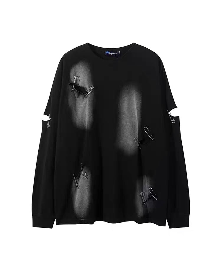 欧米ヒップホップ穴付きボタン長袖Tシャツトレンドタグ高い街ダラダラ風カジュアルコーディネート自在Tシャツ番号ZT620