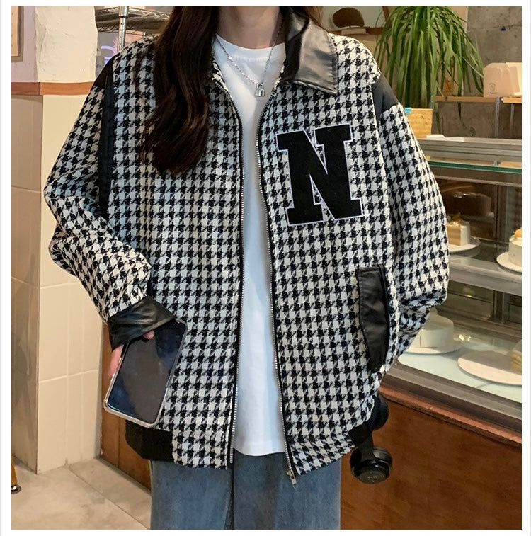 小香風千鳥格子野球服コート女早秋ゆったりアメリカンハイストリートoversizeジャケット上着ins番号ZT637