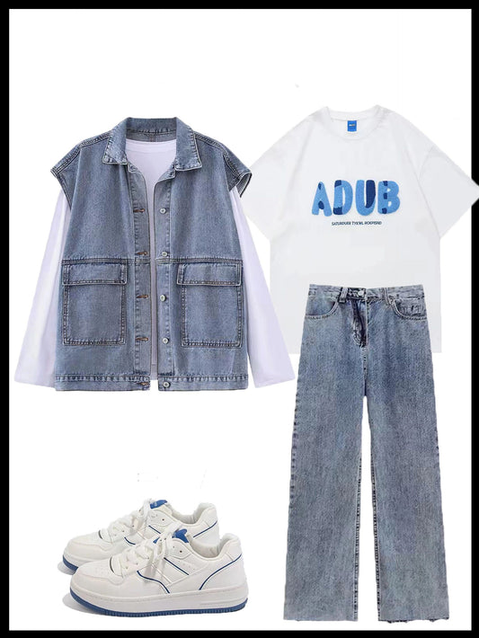 デニムベスト女性新作大サイズ韓国風カーゴキャミソールレッドホワイトインナー長袖上着ベストの上に着るノースリーブのベストコート/ホワイトインナー長袖上着/清新な風情のあるペアルック夏服2023年スイートなアルファベット半袖Tシャツ新作番号ZT342