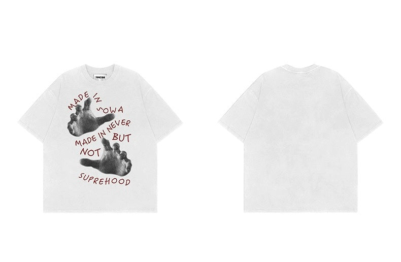2023オリジナル復古手描きプリント半袖Tシャツ女性夏新作アメリカ式ラウンドネックゆったり上着/アメリカンヴィンテージジーンズ女性夏ウォッシュ加工グラデーション穴あきハイウエストストレートパンツゆったりとした痩せワイドパンツ番号ZT397