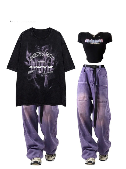 夏ヒップホップハイストリートoversize半袖Tシャツ/夏ギャル黒連ニッチデザイン半袖上着番号ZT187