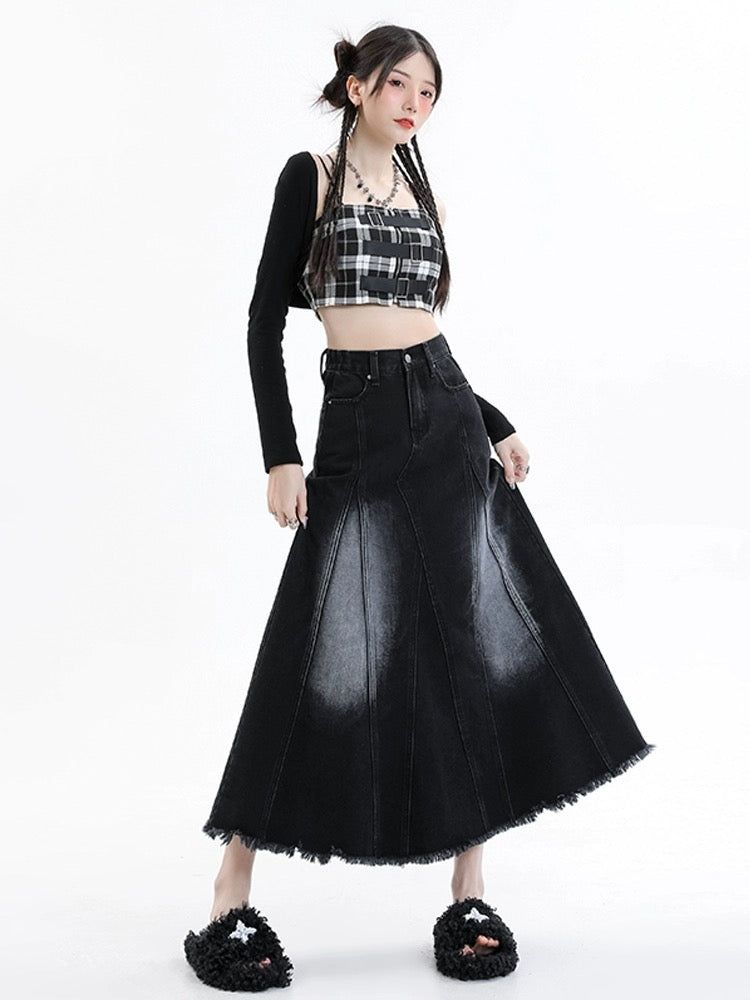 アメリカンストリートhiphop半袖プリント丸首Tシャツ2023夏新作半袖/ハイウエストデニムスカート女性春夏2023新作ミディアムロングタイプブラックスカートドレープA字スカート番号ZT359