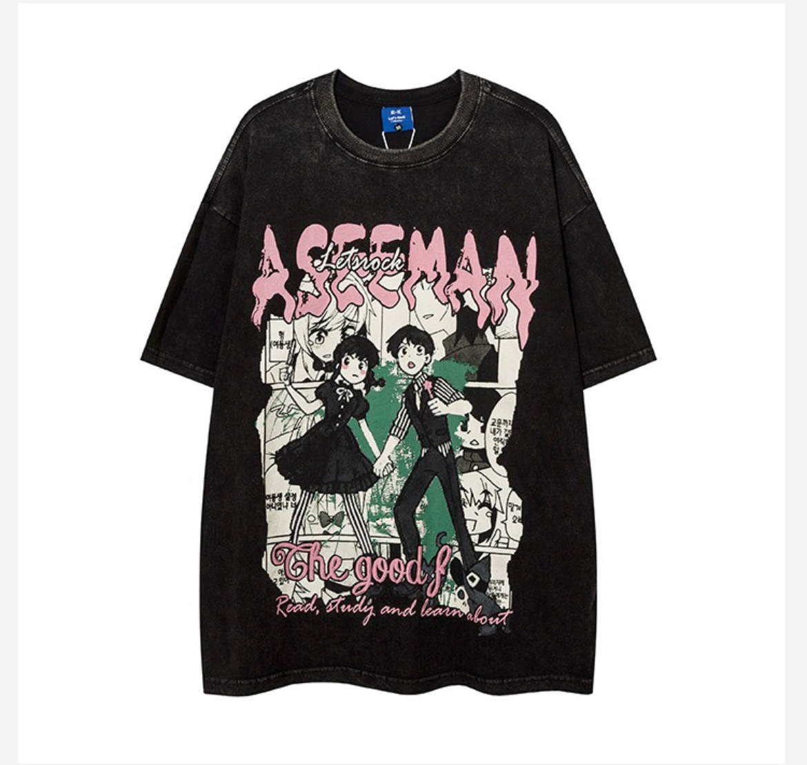 夏米風復古漫画柄プリントゆったりカップル半袖Tシャツ/夏ワイドレッグハイウエストジーンズ番号ZT77