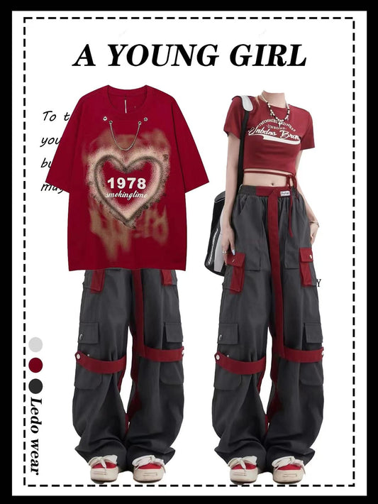 夏アメリカ風ファッションゆったりカップルTシャツ/夏アメリカ風ビンテージカーゴパンツ/夏アメリカ風クラシックギャルへそ出し半袖上着番号ZT112