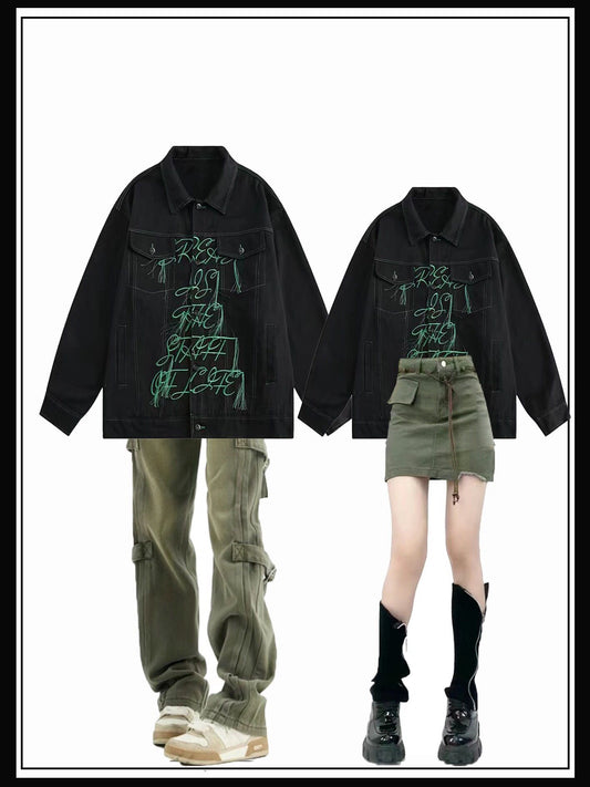 hiphopアルファベット刺繍ゆったりデニムジャケット秋新作ハイストリートカップジャケット/アメリカンヴィンテージカーゴパンツレディーグリーンストレートルーズジーンズレディービブ風ハイストリートデザイン感覚コーディネート自在のロングパンツ番号ZT582