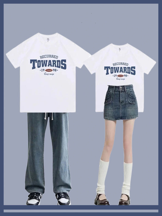 夏半袖Tシャツカップルトレンドプリントコーディネート自在丸首Tシャツ/アメリカンヴィンテージa字ミニスカート夏ハイウエストデザイン感ストレッチギャルヒップを包むミニスカートデニムスカート番号ZT354