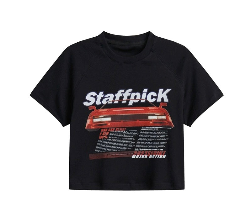 hiphopヒップホップなギャル風肩立て半袖Tシャツ夏の新作アメリカ風レトロなショートタイプおへそを露出して着痩せする上着/2023欧米ハイストリート半袖Tシャツ復古ダーク系oversizeゆったり半袖上着番号ZT400