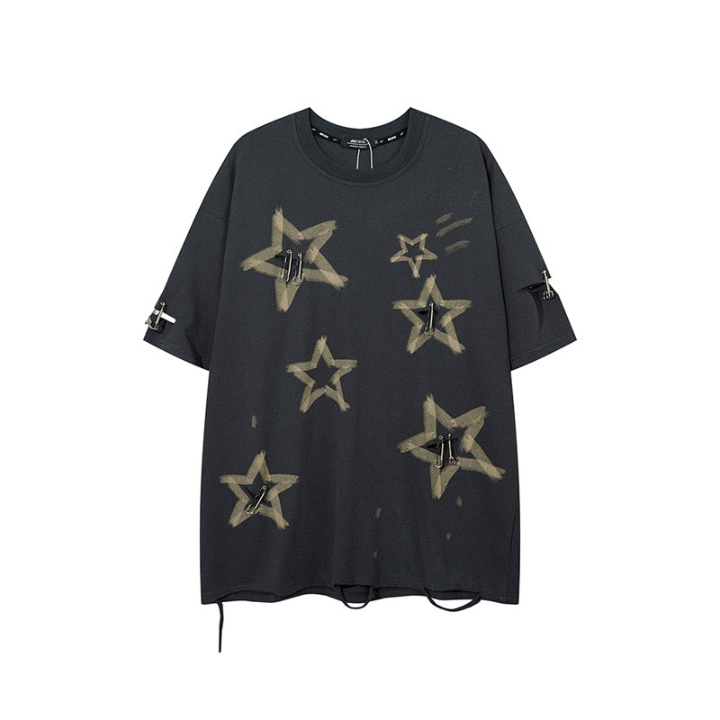 夏の星柄ゆる半袖Tシャツ/アメリカンヴィンテージマルチポケットゆったりカーゴパンツ番号ZT96