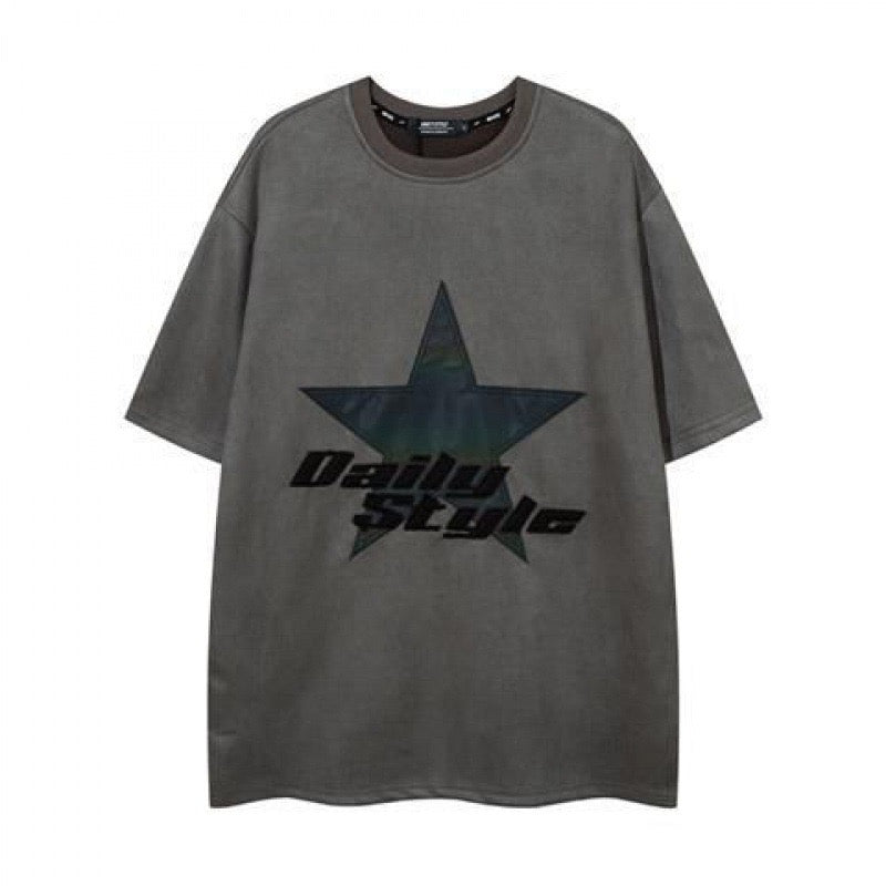 夏欧米ヒップホップゆったりストリートスターアルファベット半袖Tシャツ/黒ゆったりストレートデニムパンツ番号ZT84