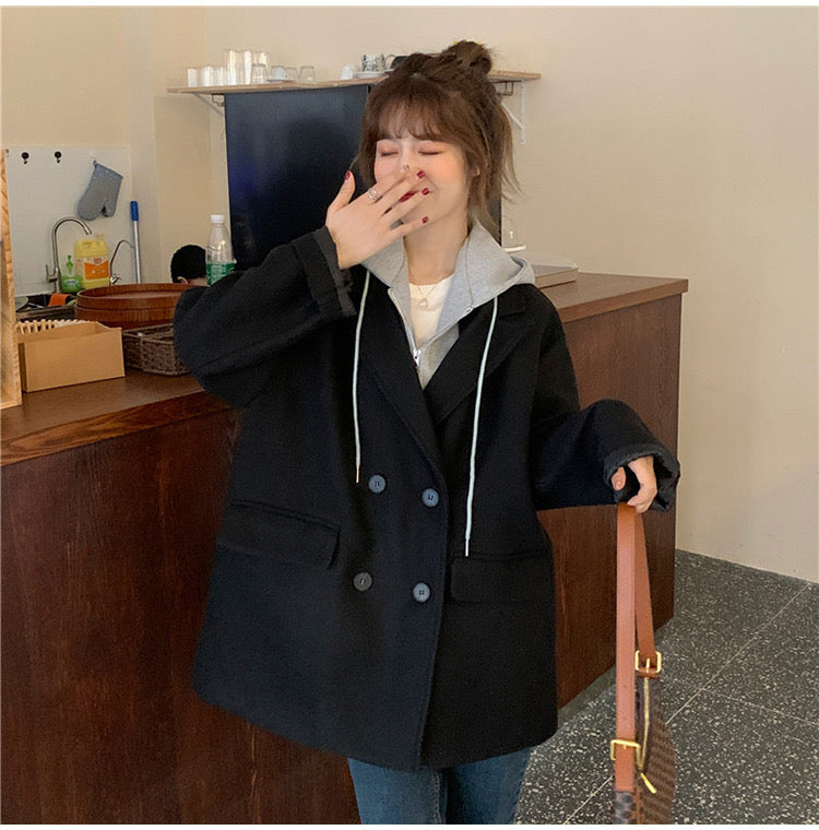 秋冬韓国風ダブルボタンゆったりコート - フード付きデザイン保温ファッション女性用アウター/春秋韓国風トレンド切り替えデニムジャケット - フード付きデザインゆったりプリントカジュアルジャケット男女兼用番号ZT694
