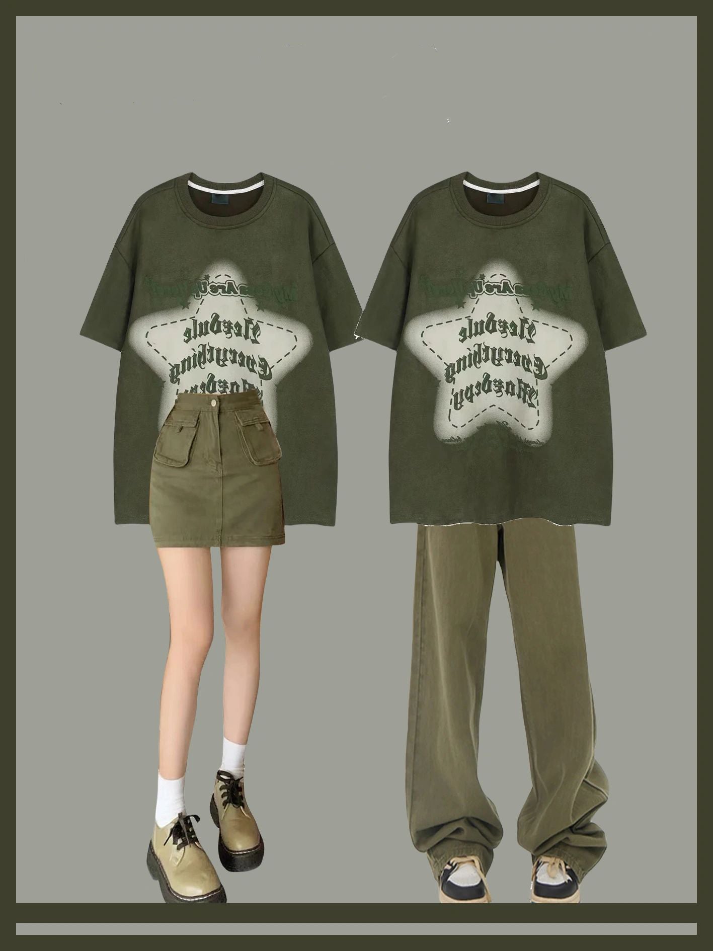 アメリカンハイストリートヴィンテージスエード発泡アルファベットプリントおしゃれでゆったりカジュアル半袖Tシャツ/アーミーグリーンカーゴスカート女夏ギャル風デザインハイウエストA後ヒップスカート/アーミーグリーンハイストリートワイドレッグジーンズ女性ウエストボタン調節デザイン感ゆったりストレートカジュアルパンツinsトレンド番号ZT360