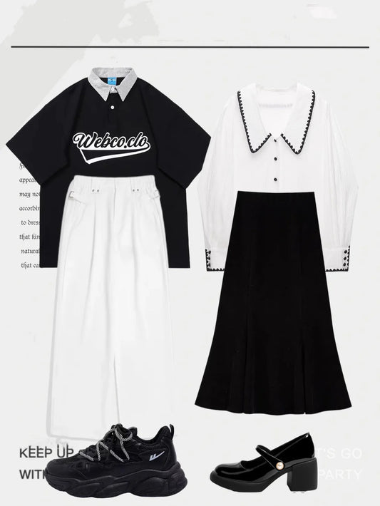 アメリカ復古アルファベットプリントゆったりカップルPOLOカジュアル半袖Tシャツ/春夏カジュアルハイウエストストレートパンツ番号ZT36