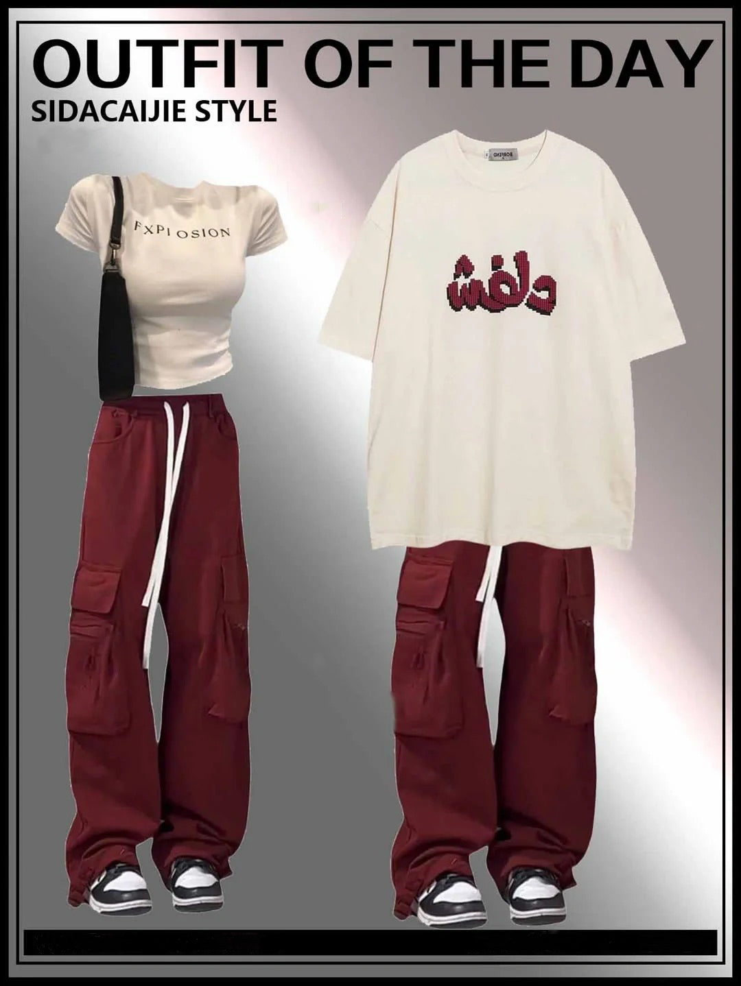 春夏復古ホワイトプリントハイウエスト半袖Tシャツ/夏アメリカ風カップルコーディネート自在半袖Tシャツ/アメリカンヴィンテージのマルチポケットレッグカーゴストレートパンツ番号ZT42