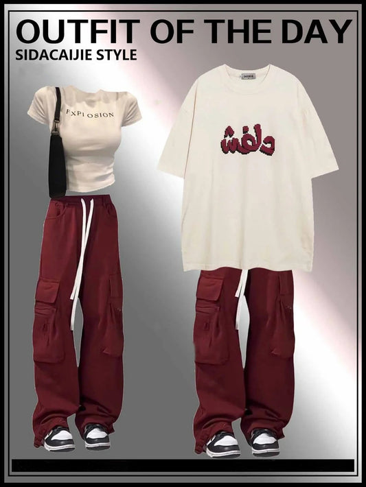 春夏復古ホワイトプリントハイウエスト半袖Tシャツ/夏アメリカ風カップルコーディネート自在半袖Tシャツ/アメリカンヴィンテージのマルチポケットレッグカーゴストレートパンツ番号ZT42