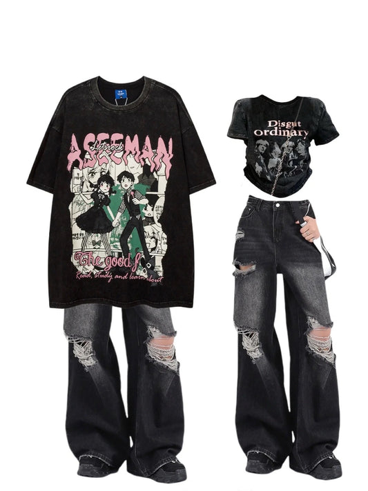 夏米風復古漫画柄プリントゆったりカップル半袖Tシャツ/夏ワイドレッグハイウエストジーンズ番号ZT77