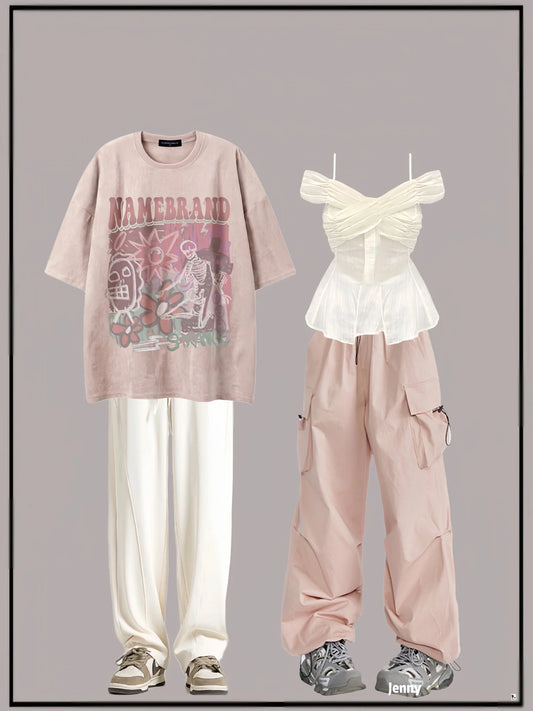 夏アメリカンヴィンテージゆったりカップル半袖Tシャツ/夏フレンチ甘辛ショート丈トップス/夏アメリカ風ピンクカーゴカジュアルパンツ着痩せワイドパンツ番号ZT159