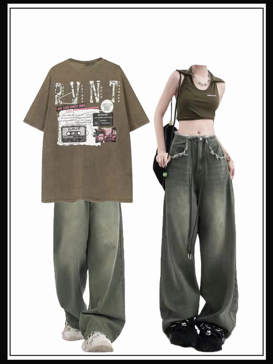 夏トレンドアメリカ風ハイストリートヴィンテージウォッシュ加工古い半袖Tシャツ/2023夏トレンドブランドクラシック折り襟ショートタイプ上着/夏ゆったり紐結びワイドレッグストレートスリムジーンズ番号ZT246