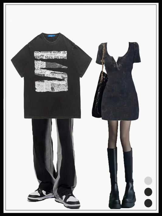 アメリカ復古純綿ゆったり半袖Tシャツペアルック/夏アメリカ式の古いストレートジーンズ/夏気品ウォッシュ加工古い半袖ニットワンピース女性ウエストを細く見せますA字スカートショートスカート番号ZT251