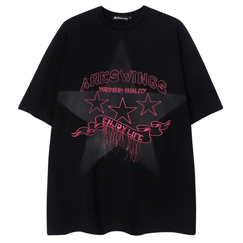アメリカンヴィンテージストリートスタープリント半袖Tシャツ夏ゆったりカジュアルコーディネート自在Tシャツ/ニッチなデザイン感ジップタイトジーンズアメリカ風ビンテージゆったりストレートハイストリートパンツ番号ZT320