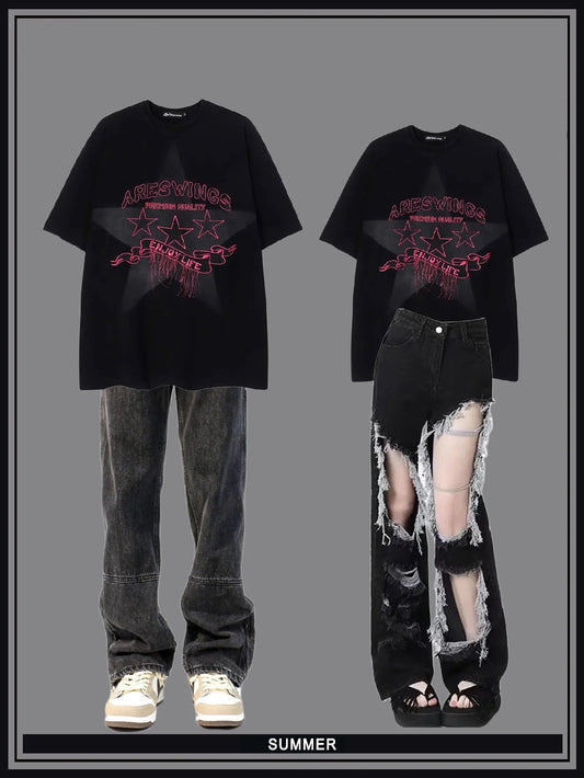 アメリカンヴィンテージストリートスタープリント半袖Tシャツ夏ゆったりカジュアルコーディネート自在Tシャツ/ニッチなデザイン感ジップタイトジーンズアメリカ風ビンテージゆったりストレートハイストリートパンツ番号ZT320