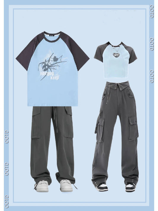アメリカンヴィンテージクラッシュ色半袖Tシャツ女性夏ヒップホップブランドゆったりカップル半袖Tシャツ/アメリカンヴィンテージのクラッシュカラープリント半袖Tシャツ女性のデザイン感覚小夏着痩せラグラン半袖通勤上着/アメリカ復古のカーゴパンツスカート女の子ゆったりワイドパンツ女性夏新作カジュアルロングパンツ番号ZT326