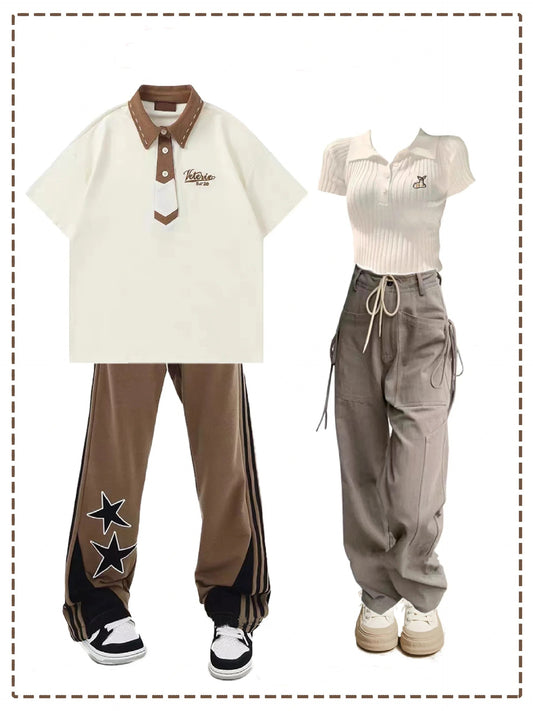 サマーアカデミー風ネクタイカップル半袖ポロシャツ/アメカジゆったりペチパンツ/夏スリム着痩せカレッジ風ショートニットTシャツ上着/夏新作アメリカンヴィンテージワイドパンツ番号ZT68