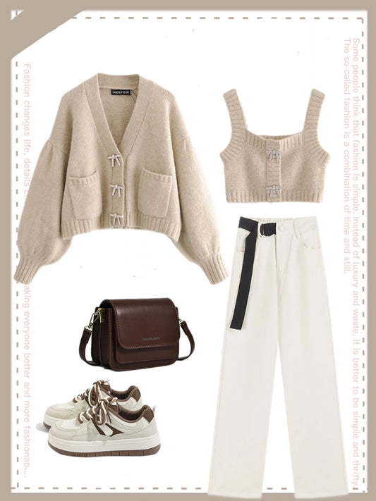 ショートタイプニットタンクトップセーターカーディガン婦人服ダイヤモンド象眼リボンハイウエスト/ホワイトベースジーンズ女ハイウエストストレートゆったりコーディネート自在ワイドパンツ番号ZT329