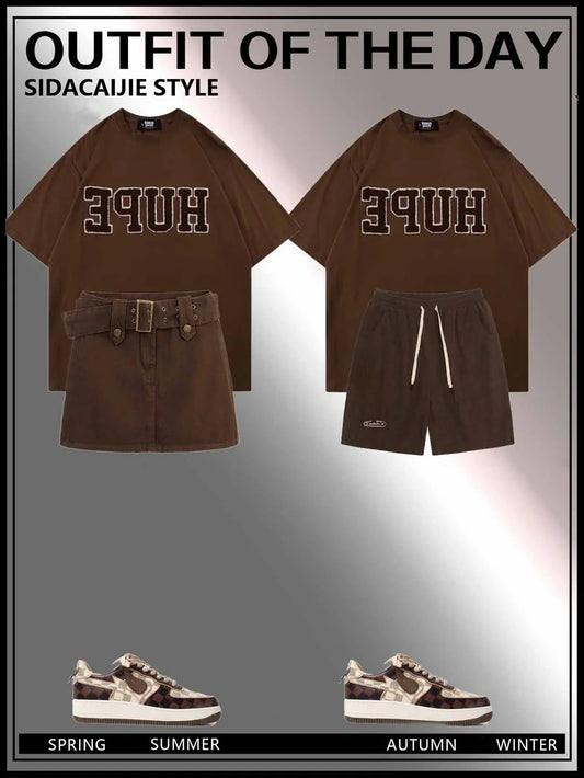 美復古カップルワイド半袖Tシャツ/アメリカクラシック着痩せ女性用バッグヒップブラウンスカート/夏クラシックゆったりコーディネート自在カジュアルパンツ番号ZT43