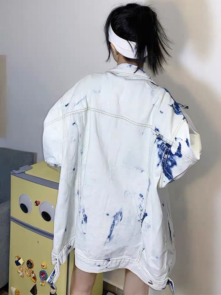 韓国系ホワイトタイダイジーンズコート女性春秋タイプデザインのお客様はゆったりしています復古香港風insトレンド番号ZT554