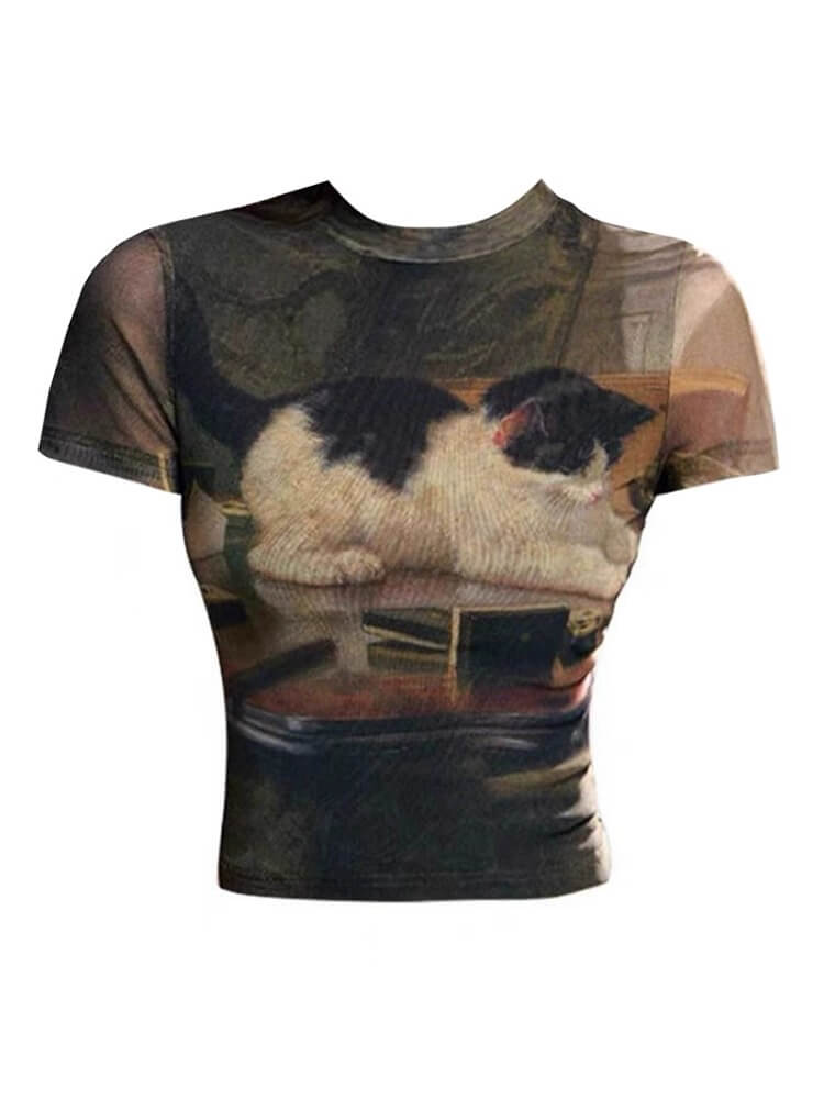 ゆるかわ猫アートプリントクロップドTシャツ｜可愛い猫柄半袖トップス