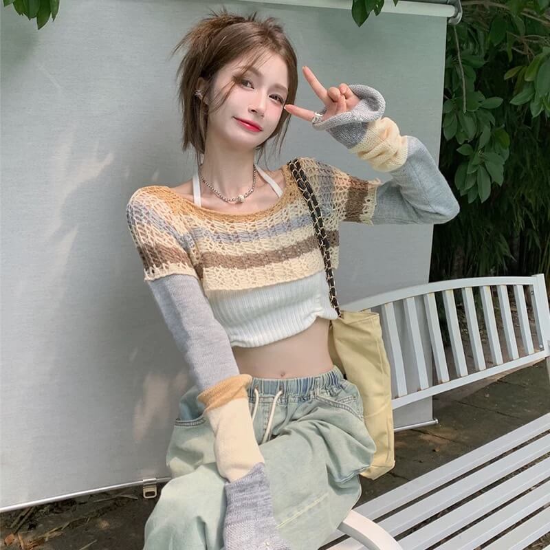 マルチカラーのパッチワークゆったりニットTシャツ