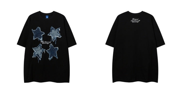 アメリカ風トレンドブランドパッチ五角星半袖Tシャツ男女ゆったりデザインカップル半袖/番号ZT585