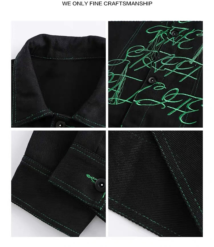 hiphopアルファベット刺繍ゆったりデニムジャケット秋新作ハイストリートカップジャケット/アメリカンヴィンテージカーゴパンツレディーグリーンストレートルーズジーンズレディービブ風ハイストリートデザイン感覚コーディネート自在のロングパンツ番号ZT582