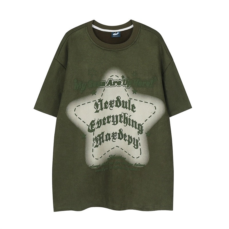 アメリカンハイストリートヴィンテージスエード発泡アルファベットプリントおしゃれでゆったりカジュアル半袖Tシャツ/アーミーグリーンカーゴスカート女夏ギャル風デザインハイウエストA後ヒップスカート/アーミーグリーンハイストリートワイドレッグジーンズ女性ウエストボタン調節デザイン感ゆったりストレートカジュアルパンツinsトレンド番号ZT360